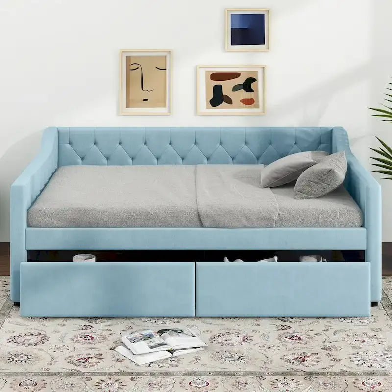 Cama nido tapizada de terciopelo tamaño matrimonial con cama auxiliar