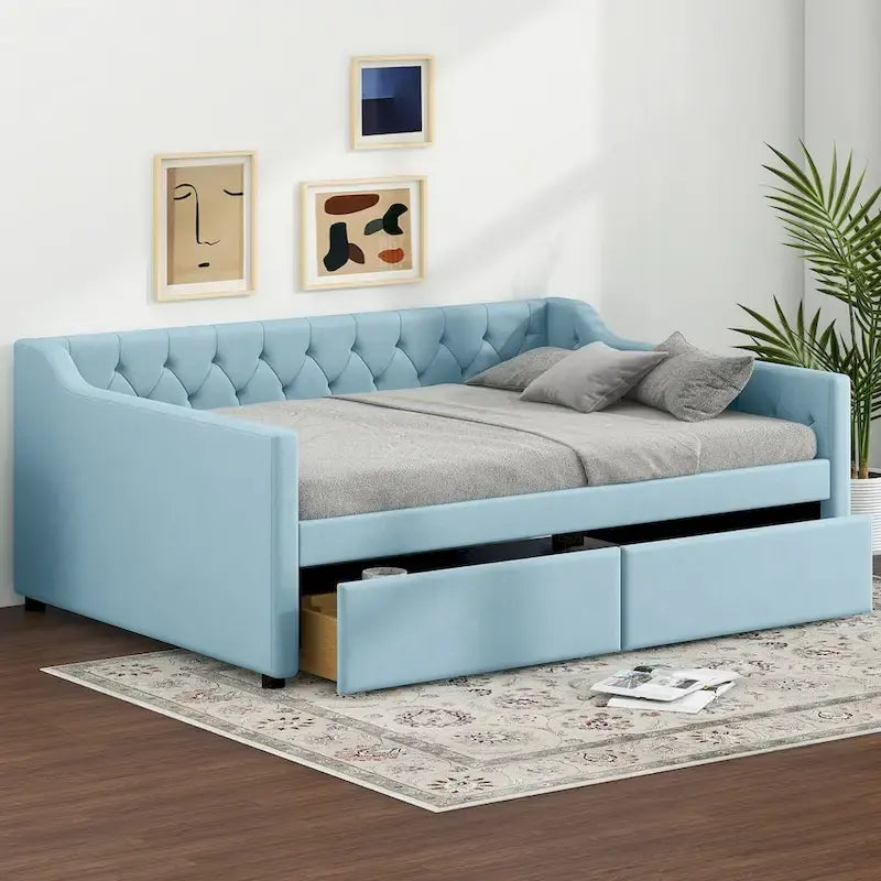 Cama nido tapizada de terciopelo tamaño matrimonial con cama auxiliar