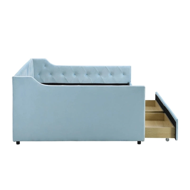 Cama nido tapizada de terciopelo tamaño matrimonial con cama auxiliar
