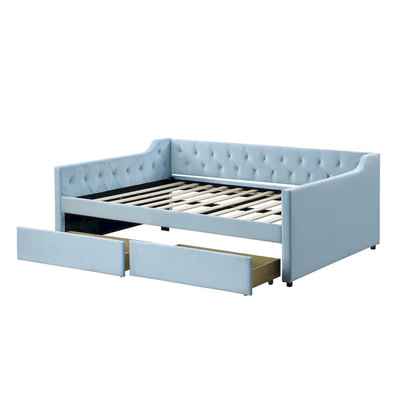 Cama nido tapizada de terciopelo tamaño matrimonial con cama auxiliar