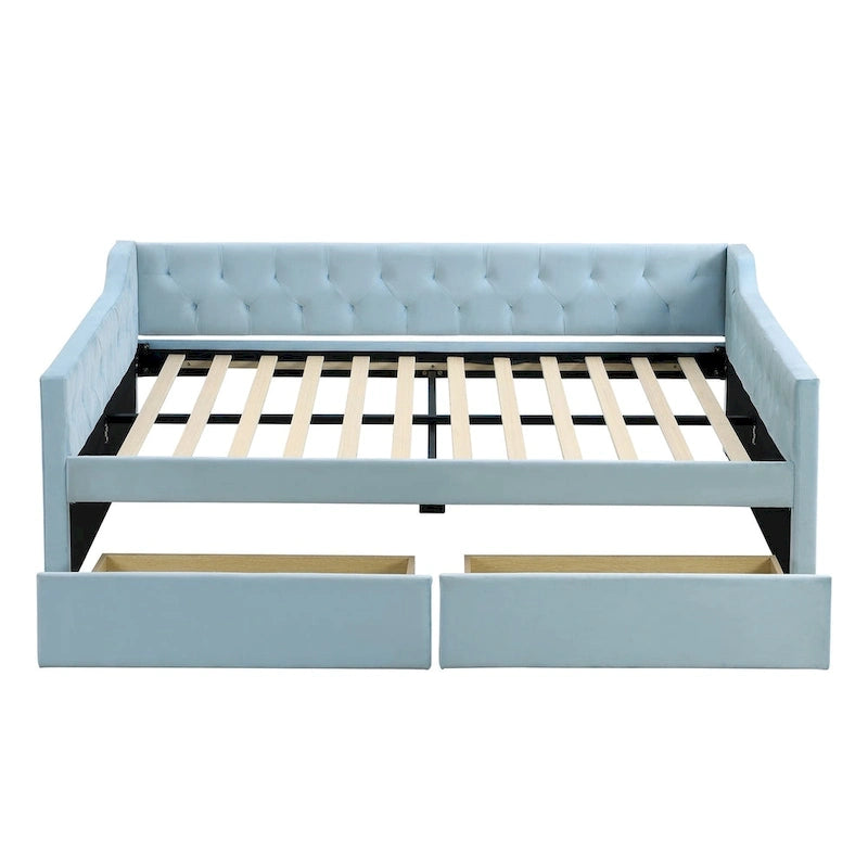 Cama nido tapizada de terciopelo tamaño matrimonial con cama auxiliar