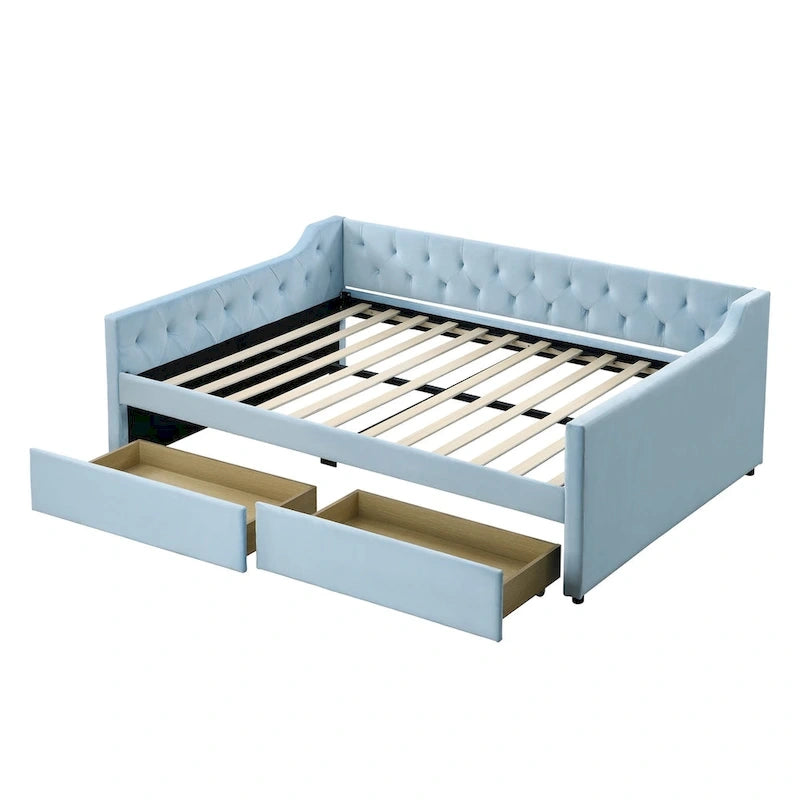 Cama nido tapizada de terciopelo tamaño matrimonial con cama auxiliar