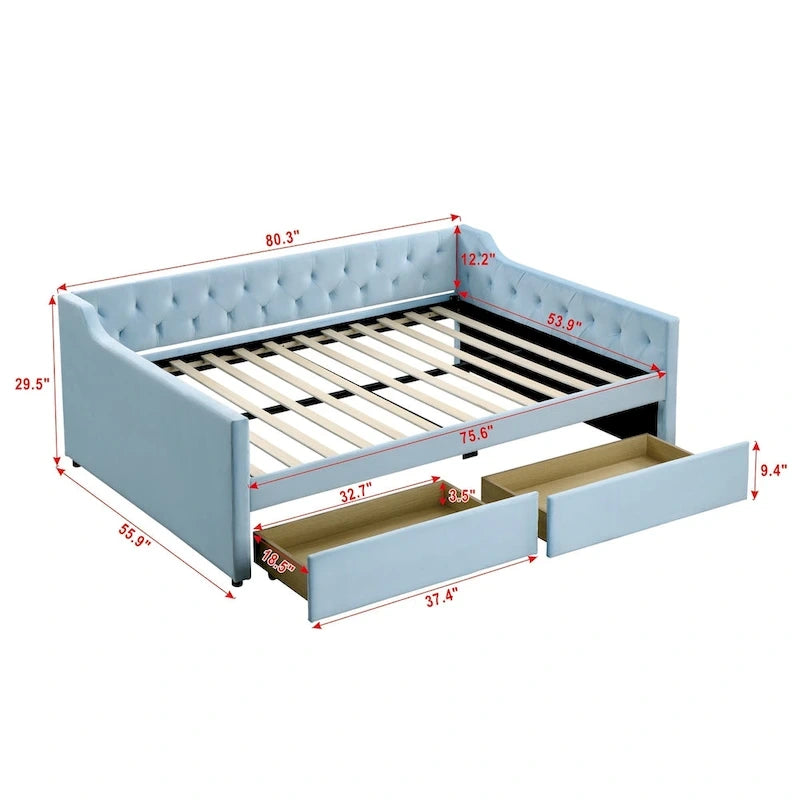 Cama nido tapizada de terciopelo tamaño matrimonial con cama auxiliar