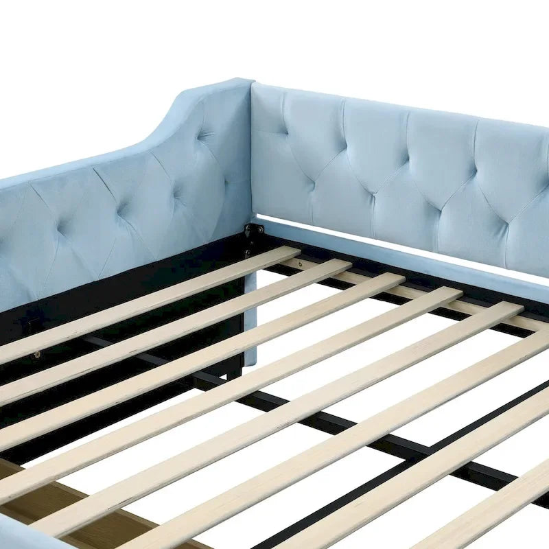 Cama nido tapizada de terciopelo tamaño matrimonial con cama auxiliar