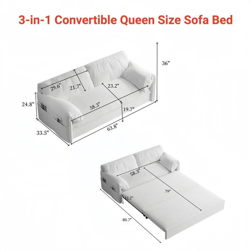 Sofá cama desplegable Queen, sofá cama convertible 3 en 1 con almacenamiento lateral