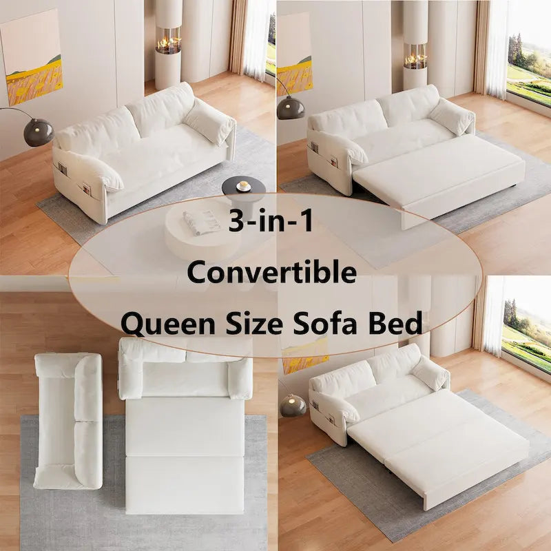 Sofá cama desplegable Queen, sofá cama convertible 3 en 1 con almacenamiento lateral