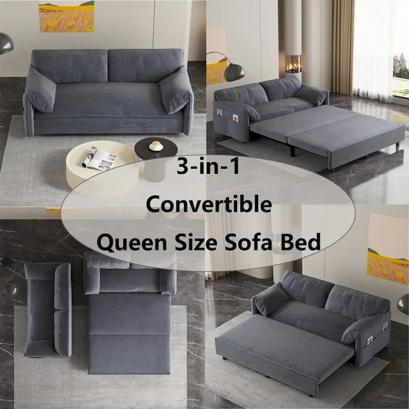 Sofá cama desplegable Queen, sofá cama convertible 3 en 1 con almacenamiento lateral