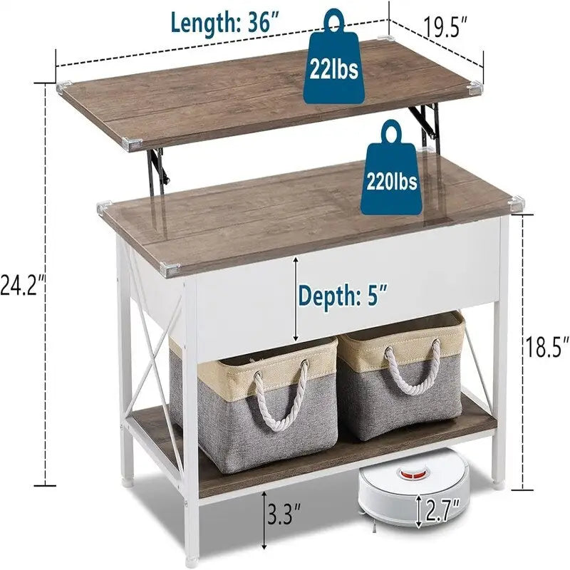 Mesa de centro elevable con compartimentos de almacenamiento - 19.5"P x 36"A x 18.5"H