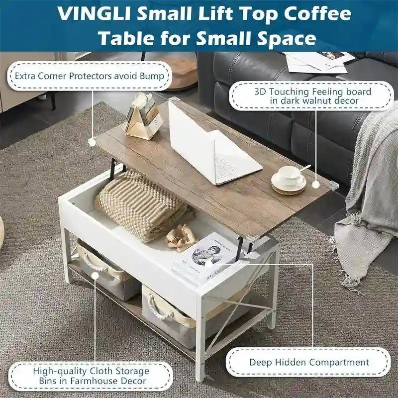 Mesa de centro elevable con compartimentos de almacenamiento - 19.5"P x 36"A x 18.5"H