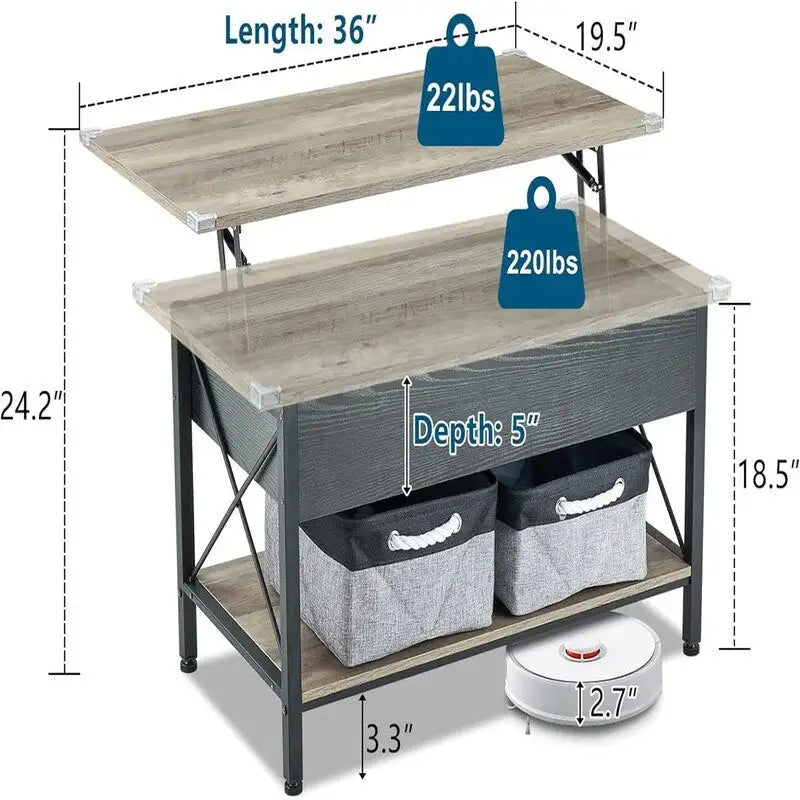 Mesa de centro elevable con compartimentos de almacenamiento - 19.5"P x 36"A x 18.5"H