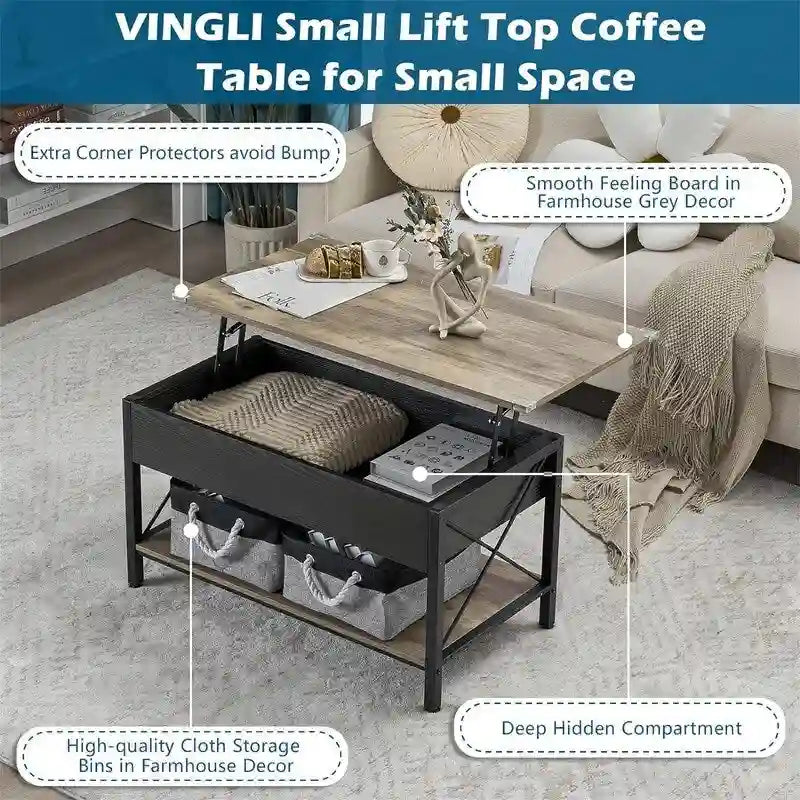 Mesa de centro elevable con compartimentos de almacenamiento - 19.5"P x 36"A x 18.5"H