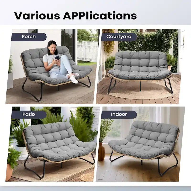 Sillón Papasan Doble con Cojín – Ratán PE, Uso Interior y Exterior