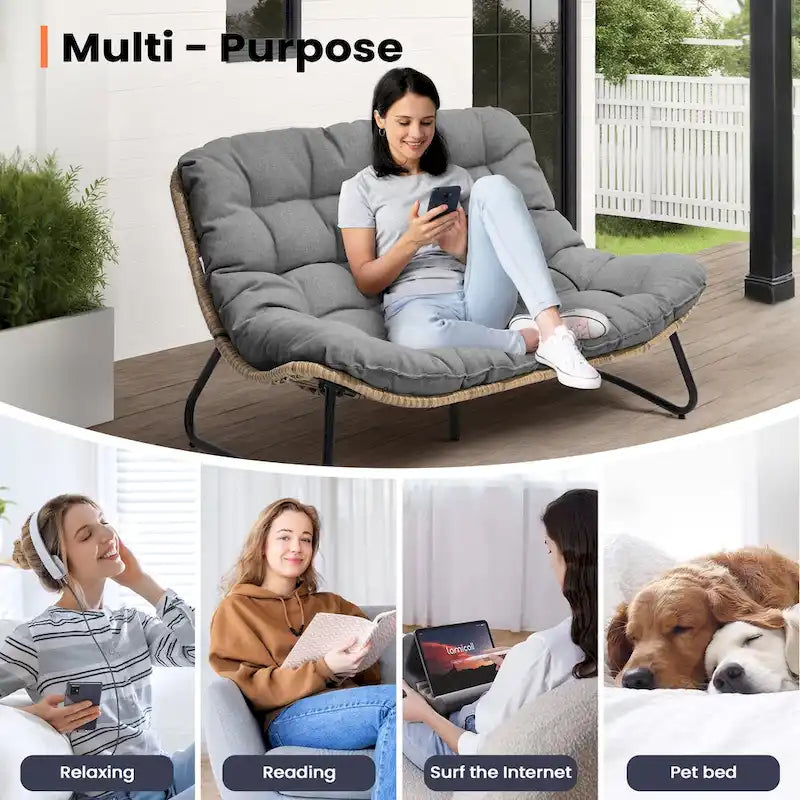 Sillón Papasan Doble con Cojín – Ratán PE, Uso Interior y Exterior