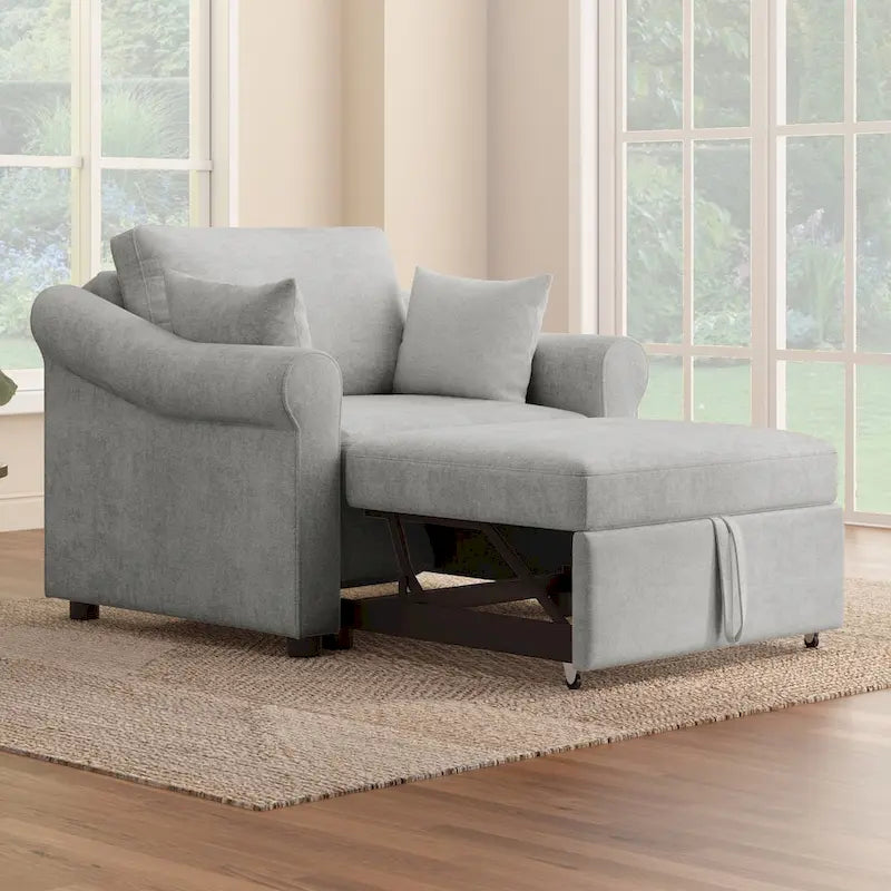 Chenille Convertible Sleeper Chair with Adjustable Backrest, 3 IN 1 Lounger Chair Turns Into Bed, Single Bed for Living Room