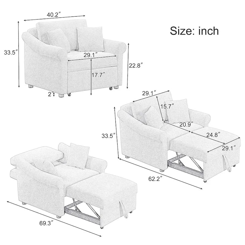 Sillón Cama Convertible de Chenilla con Respaldo Ajustable, Sillón Tumbona 3 EN 1 que se Convierte en Cama, Cama Individual para Sala de Estar