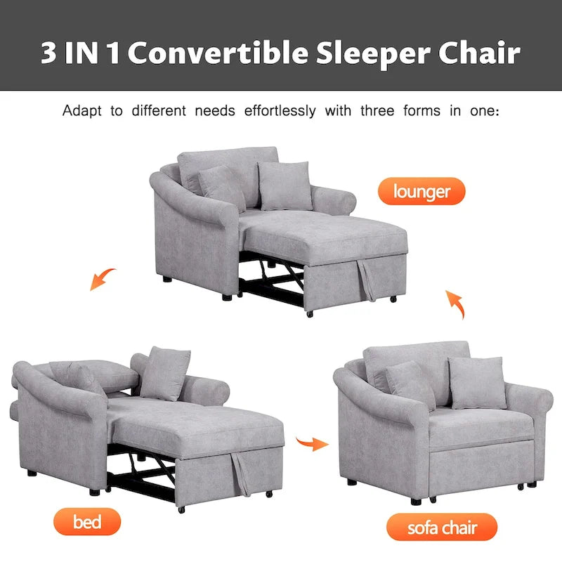 Sillón Cama Convertible de Chenilla con Respaldo Ajustable, Sillón Tumbona 3 EN 1 que se Convierte en Cama, Cama Individual para Sala de Estar