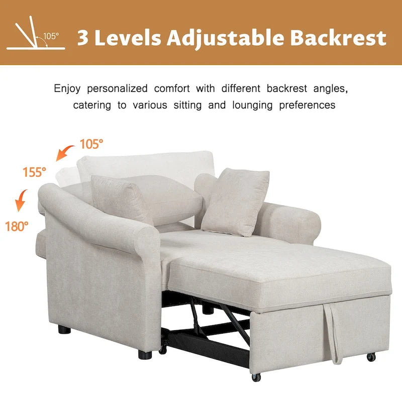 Sillón Cama Convertible de Chenilla con Respaldo Ajustable, Sillón Tumbona 3 EN 1 que se Convierte en Cama, Cama Individual para Sala de Estar