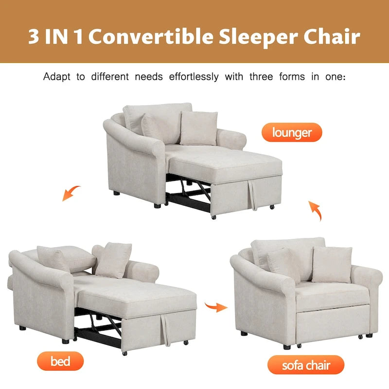 Sillón Cama Convertible de Chenilla con Respaldo Ajustable, Sillón Tumbona 3 EN 1 que se Convierte en Cama, Cama Individual para Sala de Estar