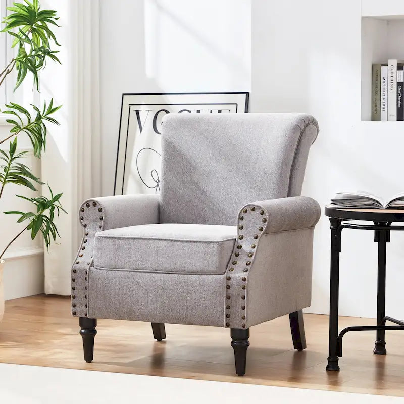Sillón decorativo tapizado Mid-Century Modern con patas de madera maciza