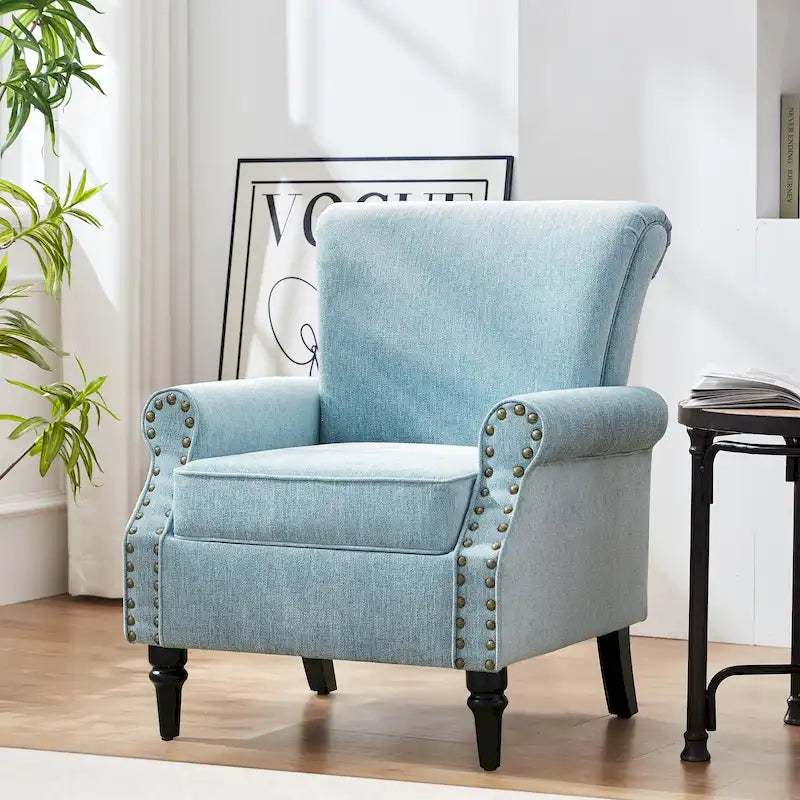 Sillón decorativo tapizado Mid-Century Modern con patas de madera maciza