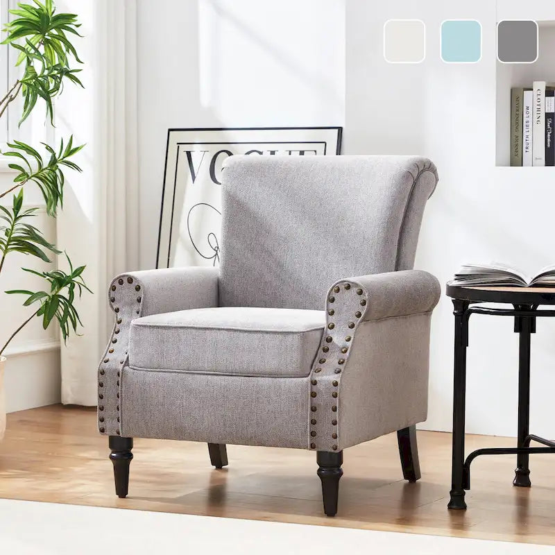 Sillón decorativo tapizado Mid-Century Modern con patas de madera maciza
