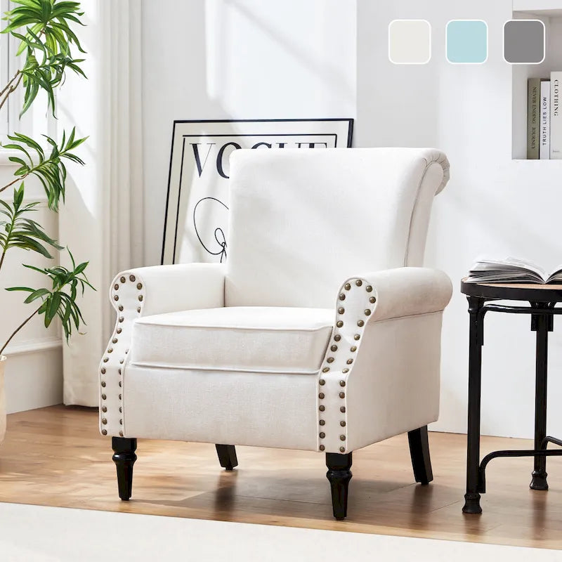 Sillón decorativo tapizado Mid-Century Modern con patas de madera maciza