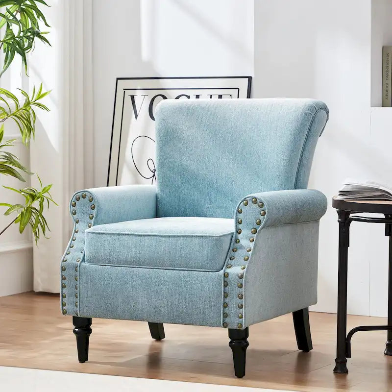 Sillón decorativo tapizado Mid-Century Modern con patas de madera maciza