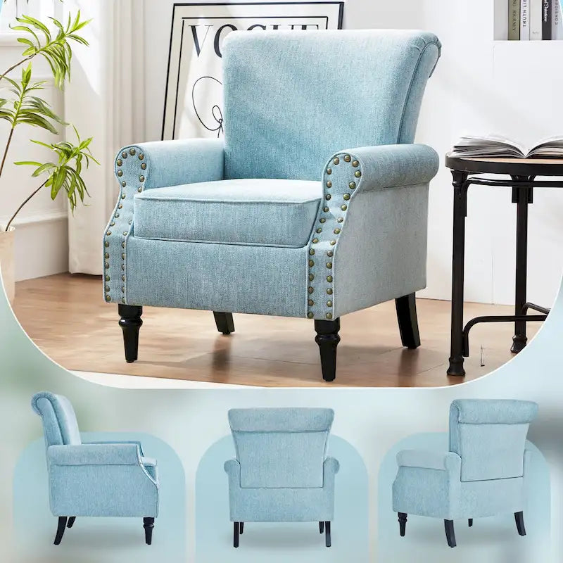 Sillón decorativo tapizado Mid-Century Modern con patas de madera maciza