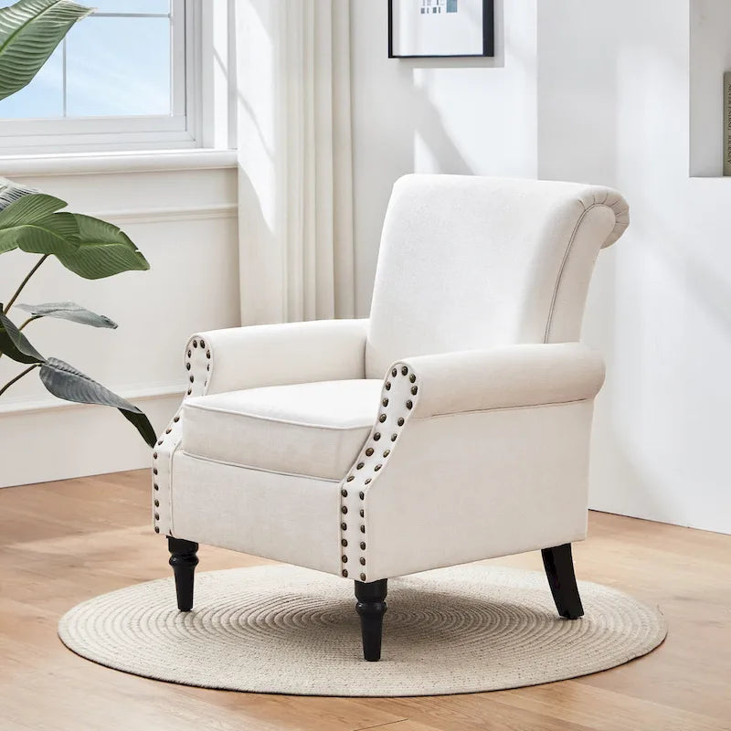 Sillón decorativo tapizado Mid-Century Modern con patas de madera maciza