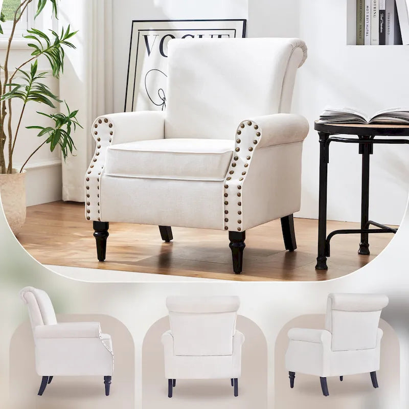 Sillón decorativo tapizado Mid-Century Modern con patas de madera maciza