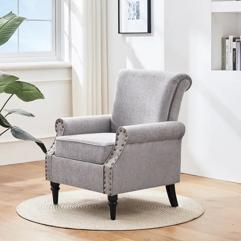 Sillón decorativo tapizado Mid-Century Modern con patas de madera maciza