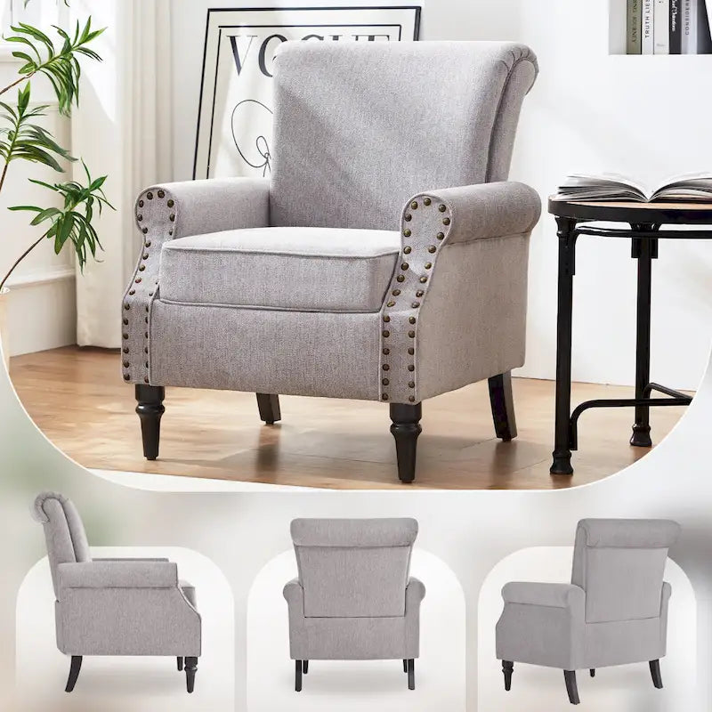 Sillón decorativo tapizado Mid-Century Modern con patas de madera maciza