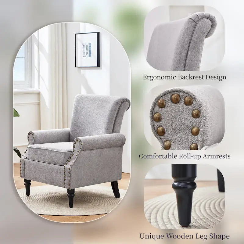 Sillón decorativo tapizado Mid-Century Modern con patas de madera maciza